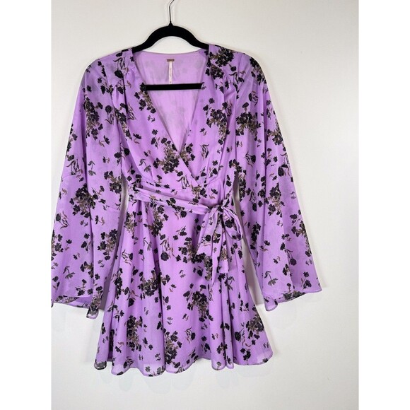 Free People Dress Purple Wisteria Mini Floral Wrap V Neck Waist Tie Fit Flare XS - Picture 6 of 9